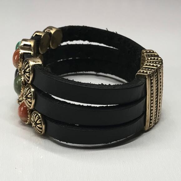 VTG Barse Black Leather Semi Precious Stone Accent Multi Strand Cuff Bracelet - Picture 9 of 14